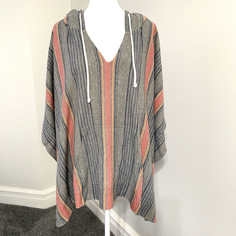 Dylan Hooded Poncho Womens Size Medium Grey Striped Kangaroo Pocket Arm Holes